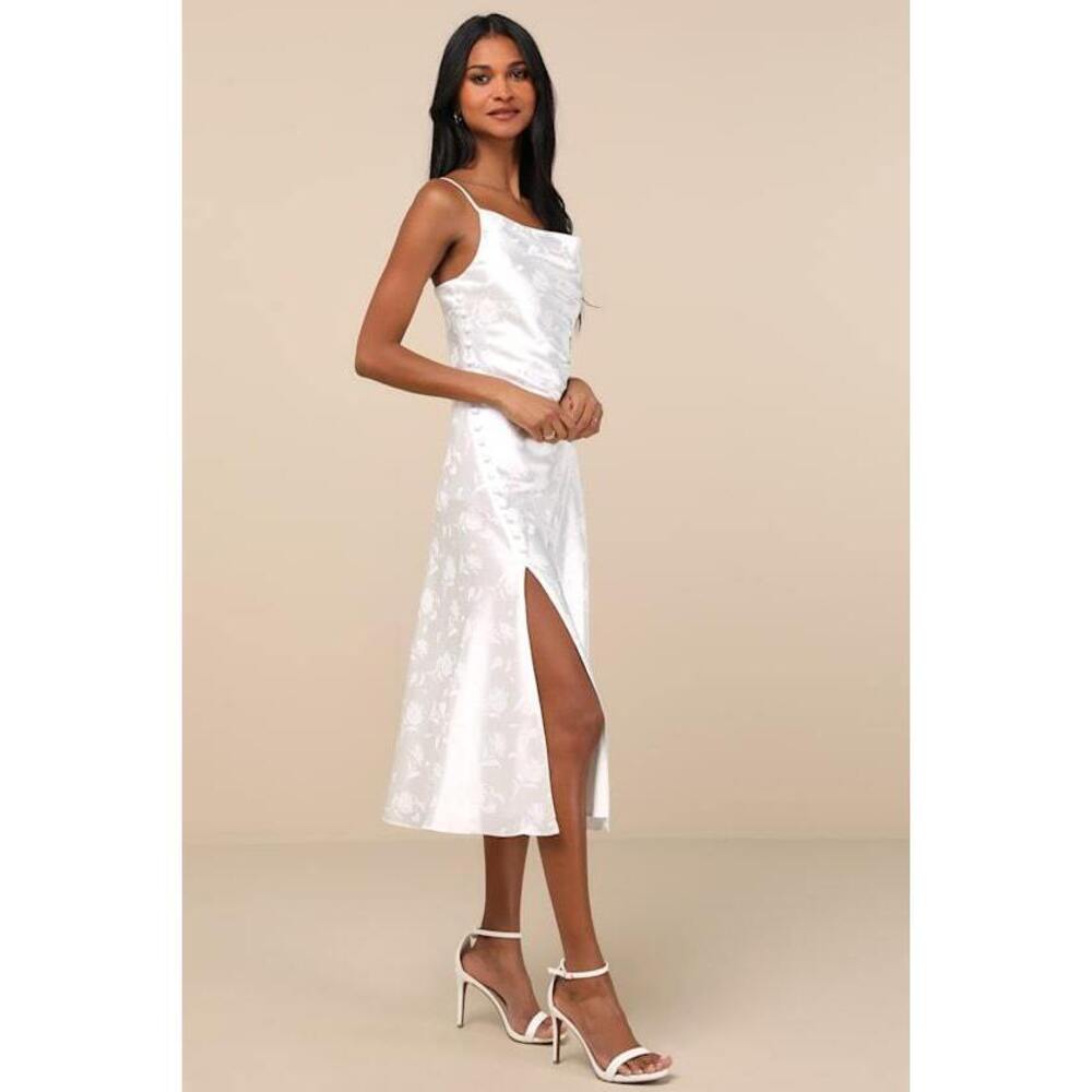 Lulus All About You White Floral Jacquard Satin Midi Dress - Size S